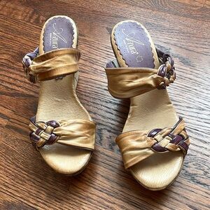 Azure Leather Wedge Sandals.   Worn Once, Like New